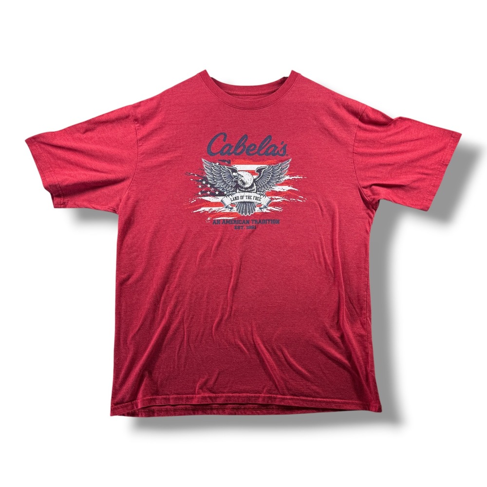 Cabelas Mens XL Red Graphic T-Shirt American Flag Eagle Land of the Free Outdoor